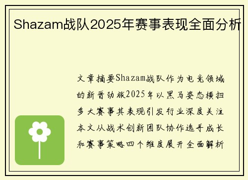Shazam战队2025年赛事表现全面分析